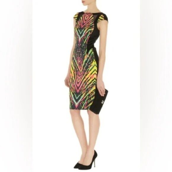 Karen Millen Multicolor Striped Neon Mesh Detail Cocktail Pencil Sheath Dress 2 - Picture 2 of 14